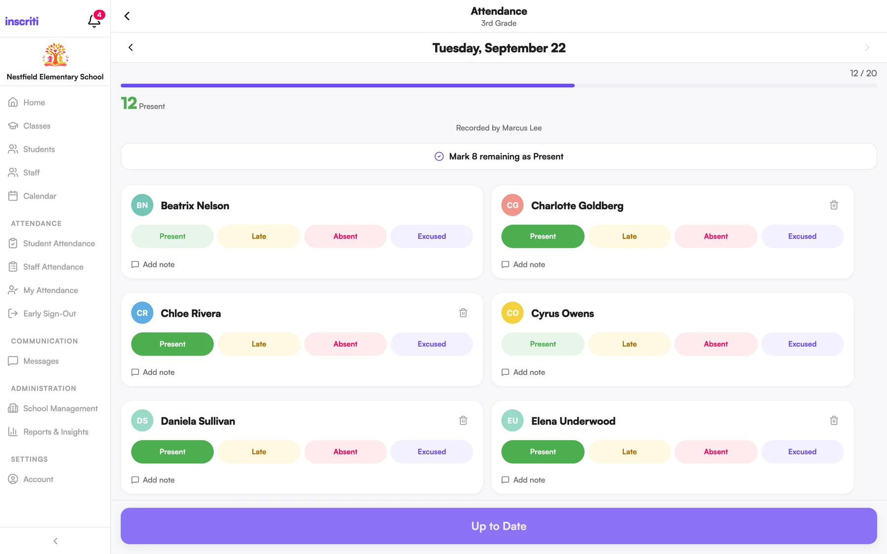 Taking 3rd Grade attendance in the Inscriti web app: each student marked present, late, absent or excused