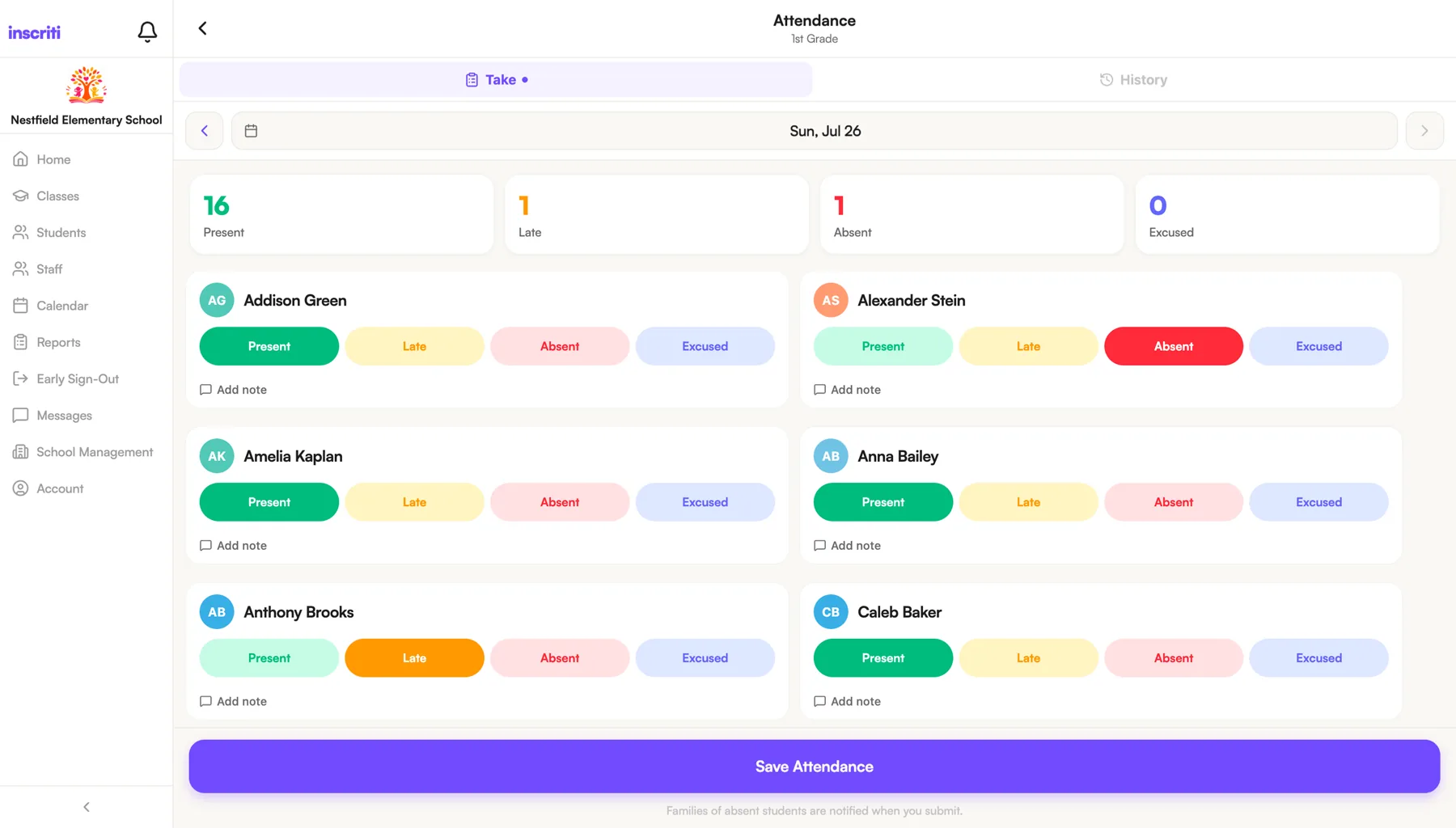 Taking 1st Grade attendance in the Inscriti web app: each student marked present, late, absent or excused