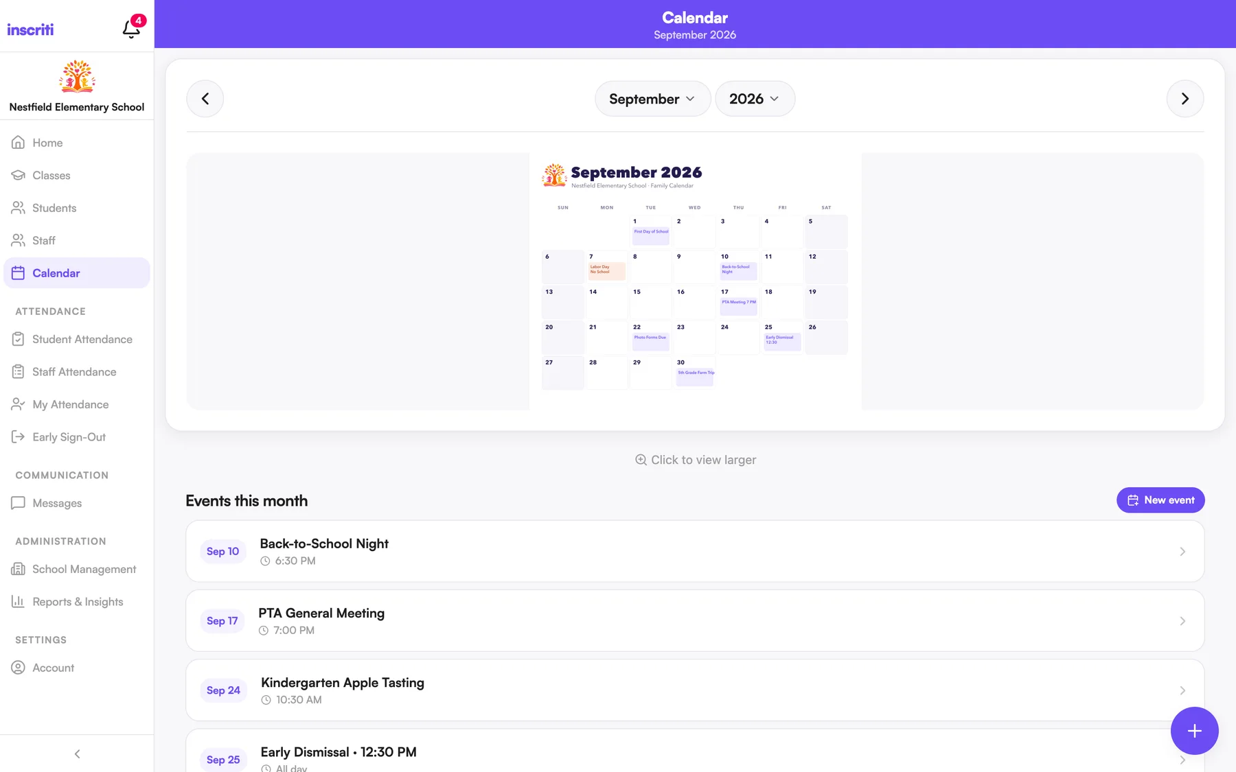 The September school calendar and this month's events in the Inscriti web app