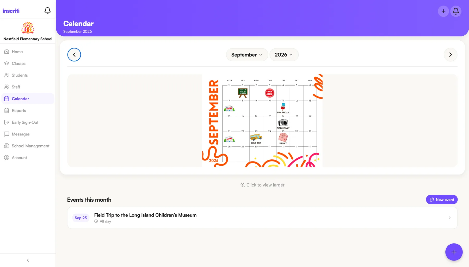 The September school calendar in the Inscriti web app