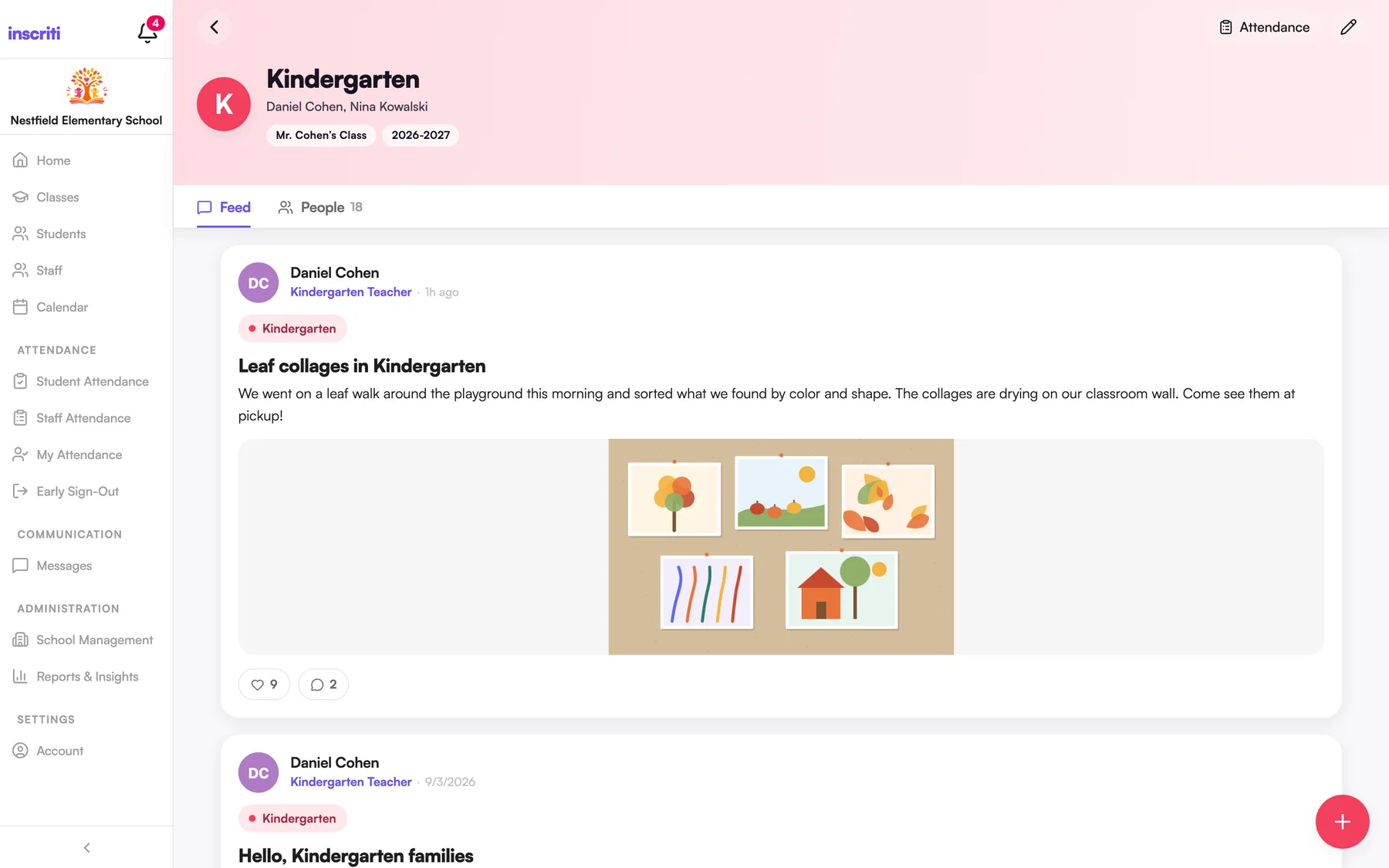 A Kindergarten class feed in the Inscriti web app, with the class name, teachers and school year