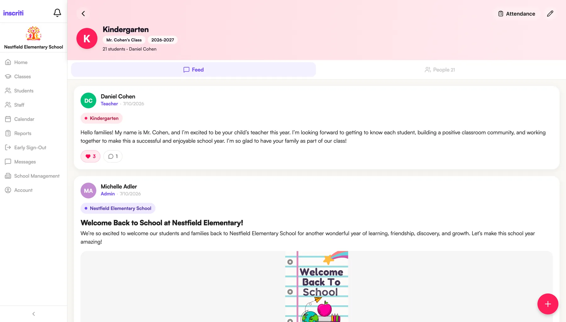 A Kindergarten class feed in the Inscriti web app, with the class name, teacher and student count