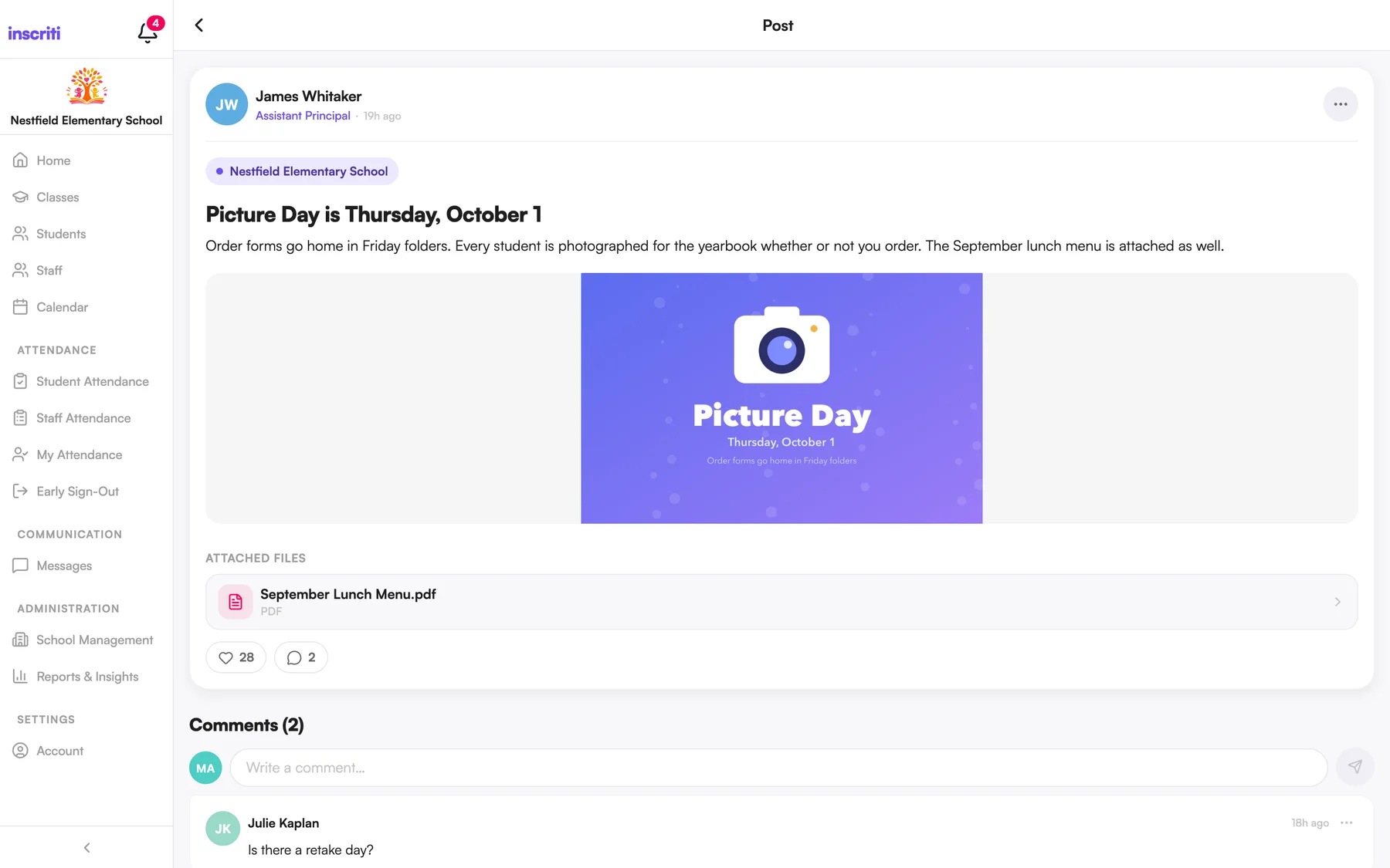 A Picture Day announcement with a flyer and an attached lunch menu, open in the Inscriti web app
