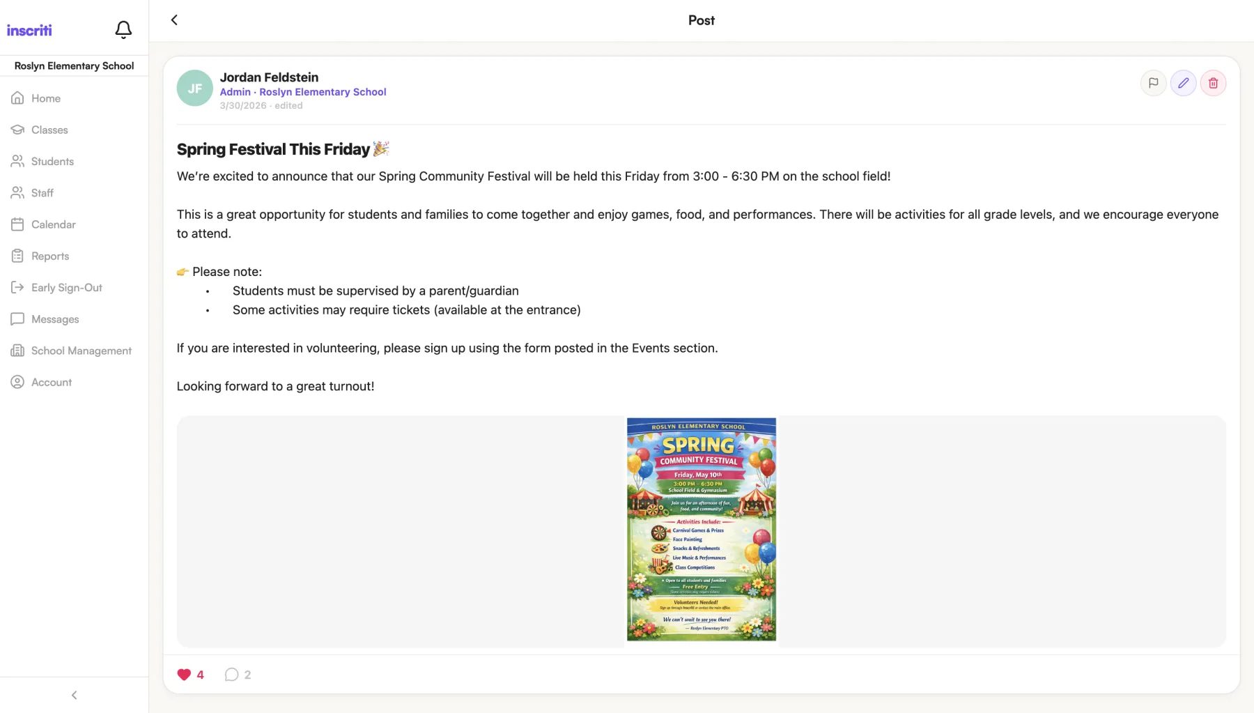 A school announcement with an attached flyer, open in the Inscriti web app