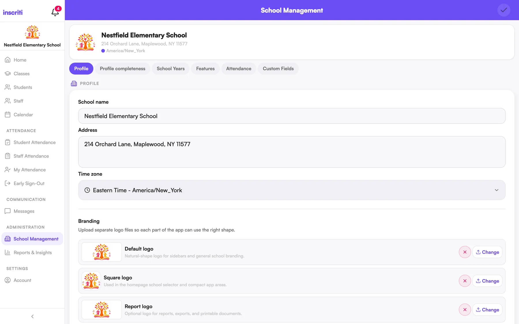 School Management in the Inscriti web app: school name, address, time zone and logo uploads