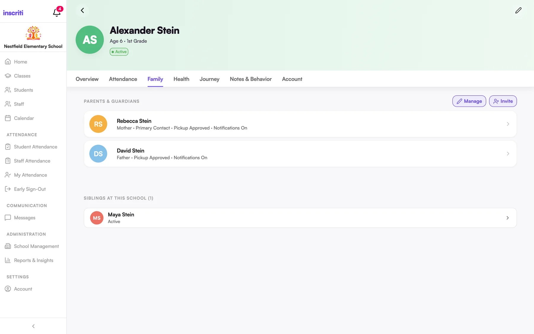 A student profile in the Inscriti web app, showing parents and guardians, pickup approval and a sibling