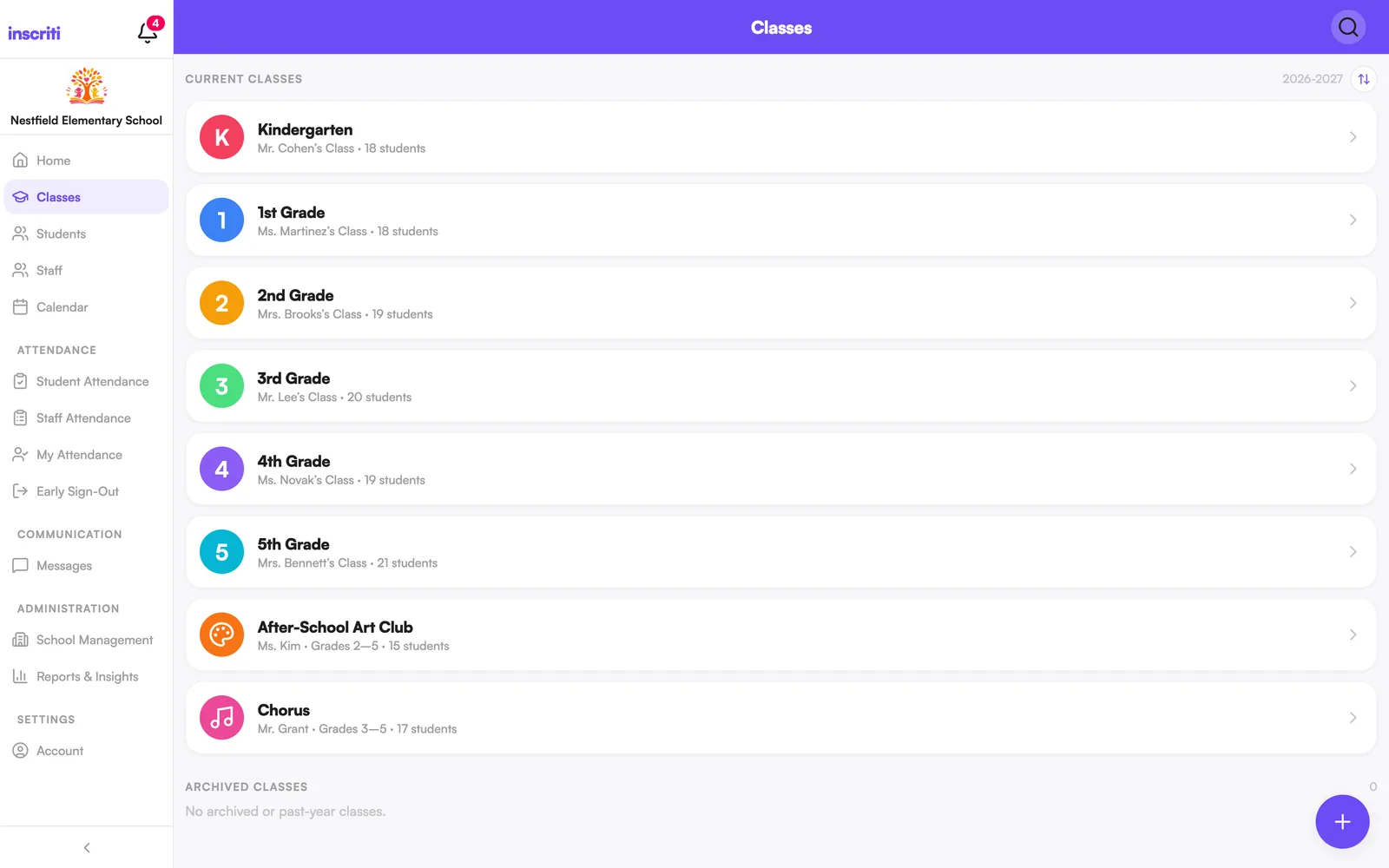 The Classes list, in the order the school set