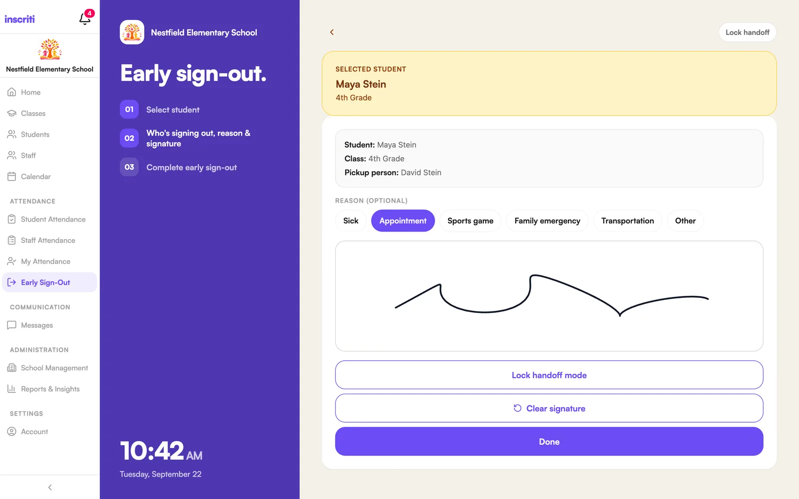 The last step at the kiosk: the summary, reason options and the signature box