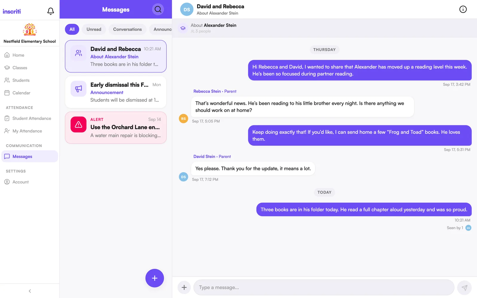 A conversation about a student. Seen appears under the last message you sent, with the reader's avatar
