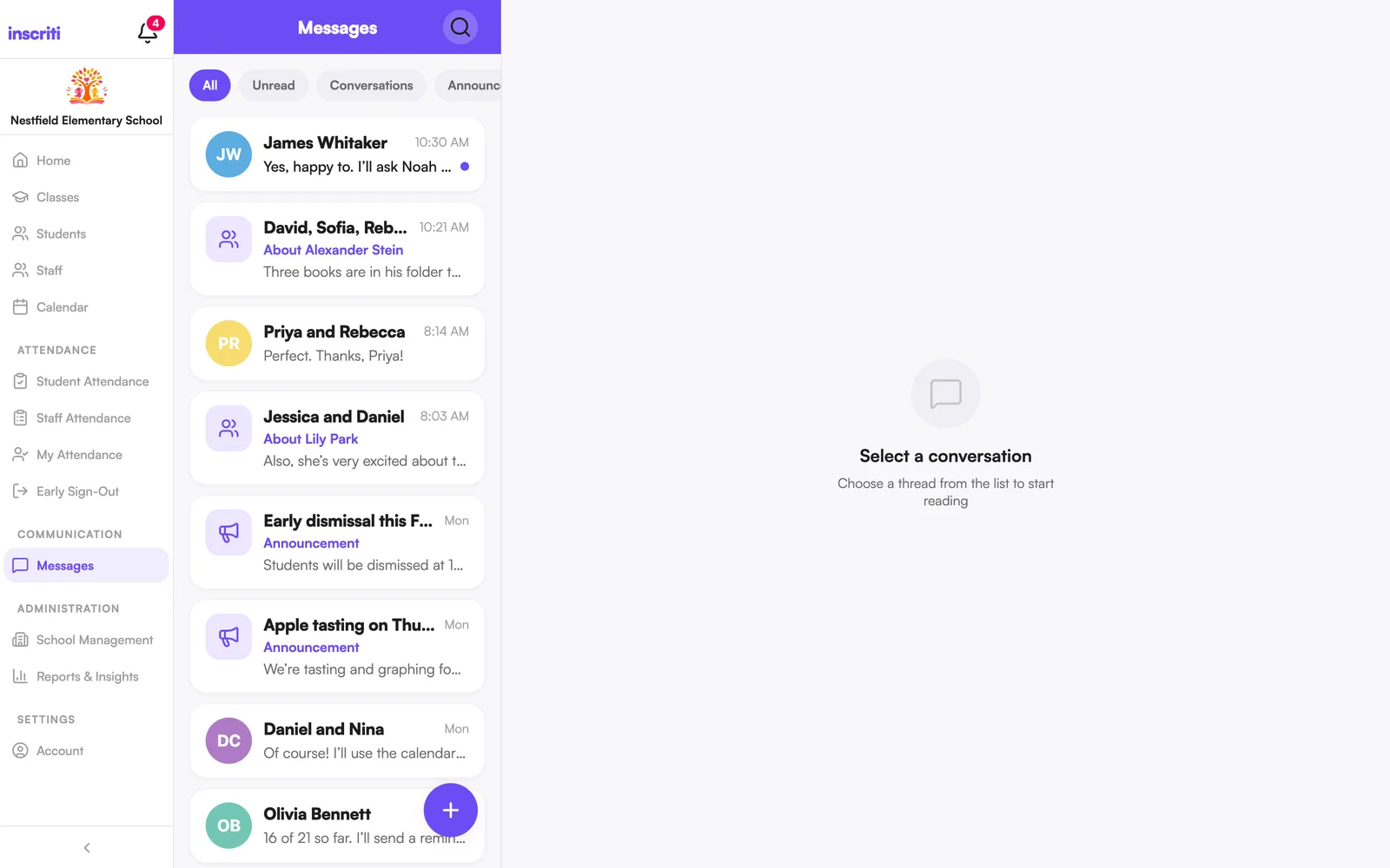 The Messages inbox, with conversations, announcements and an urgent alert