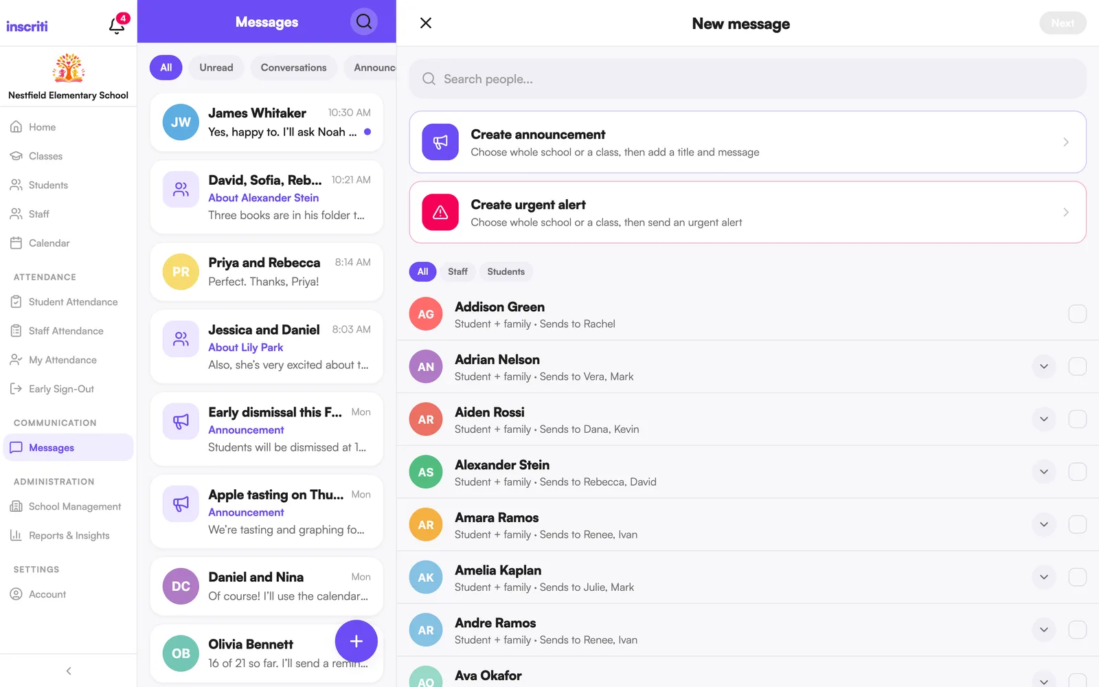 The New message panel, with Create announcement and Create urgent alert at the top