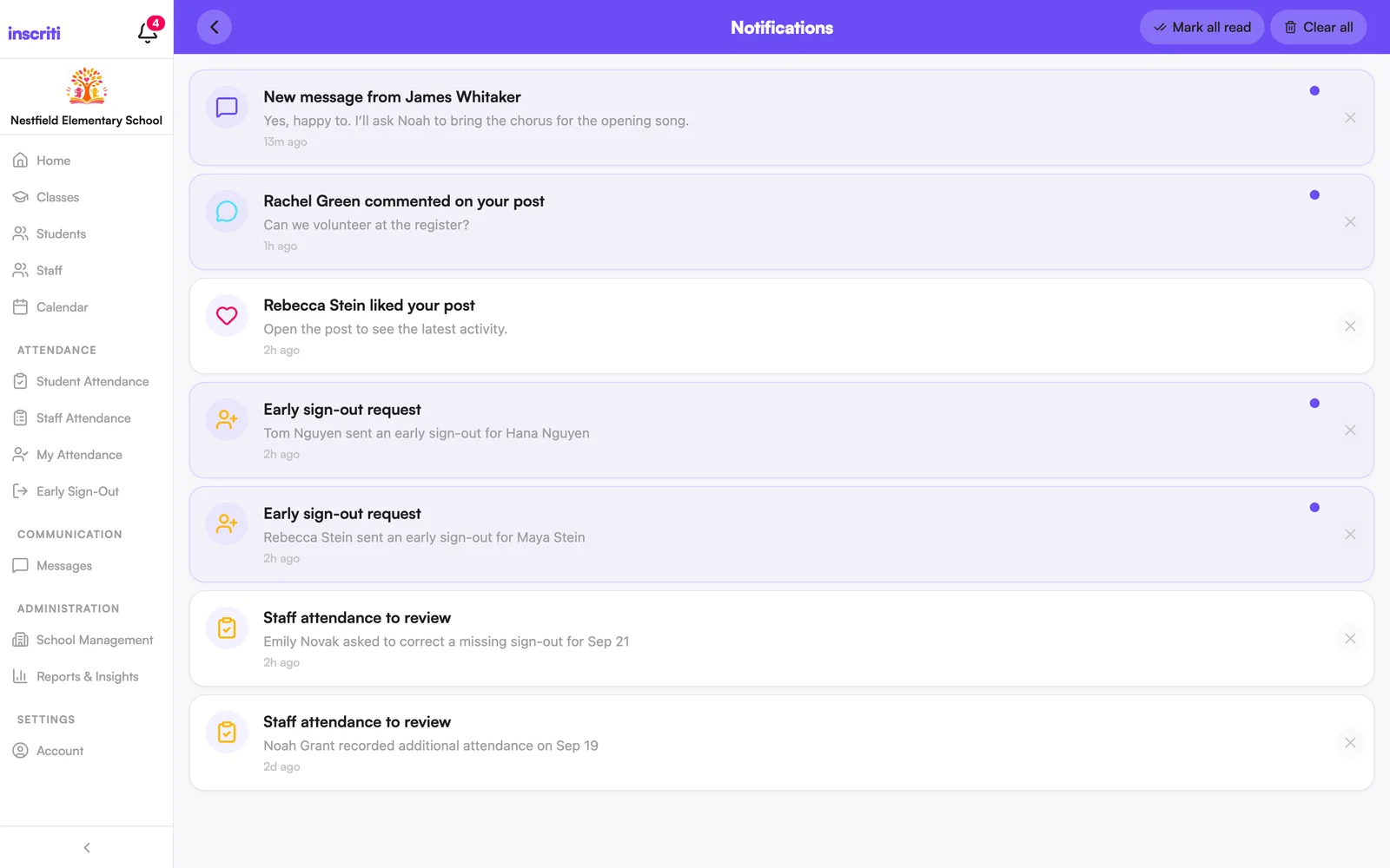 The Notifications screen. A dot marks the ones you haven't opened