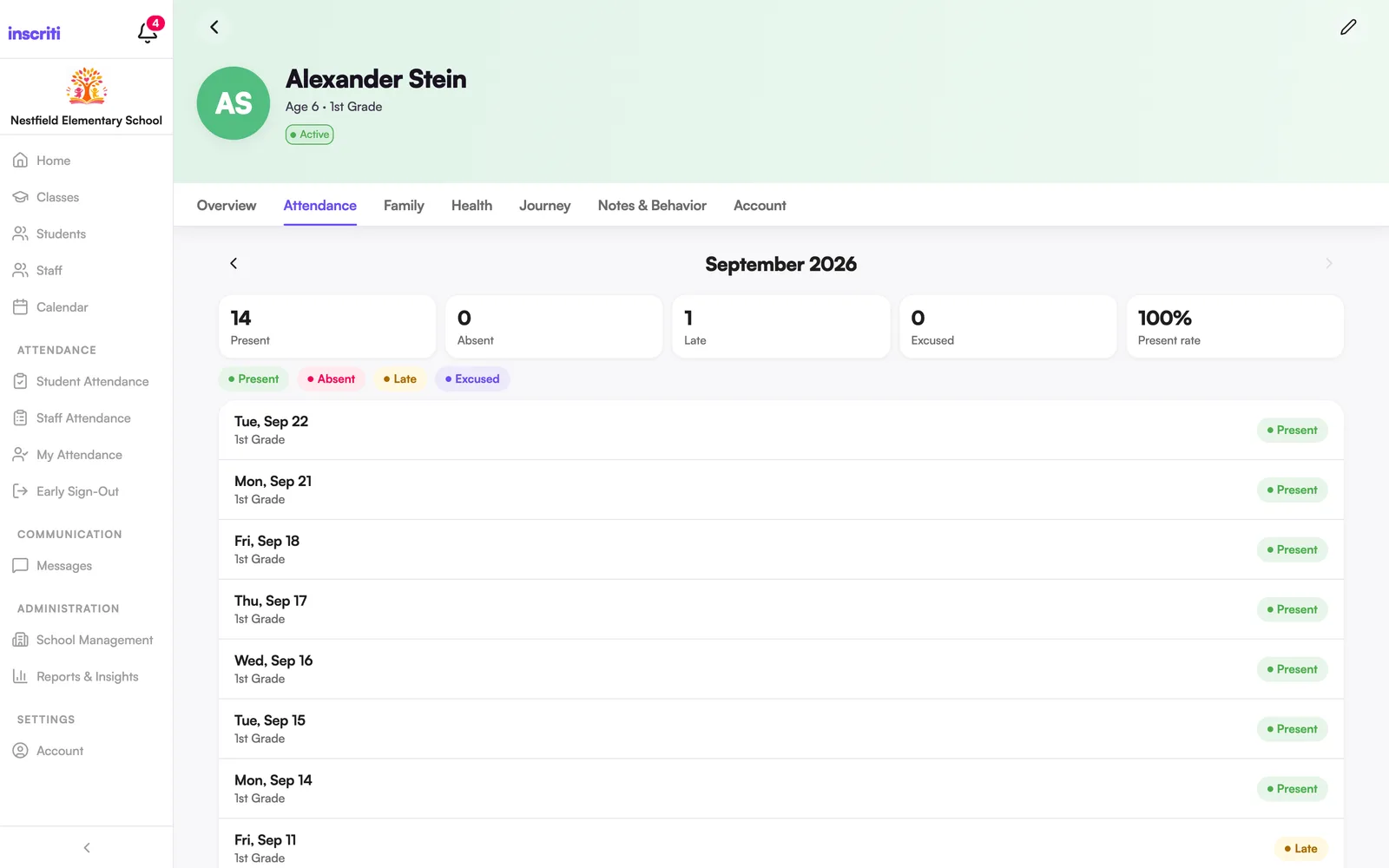 A student's Attendance tab: the month's totals and each day