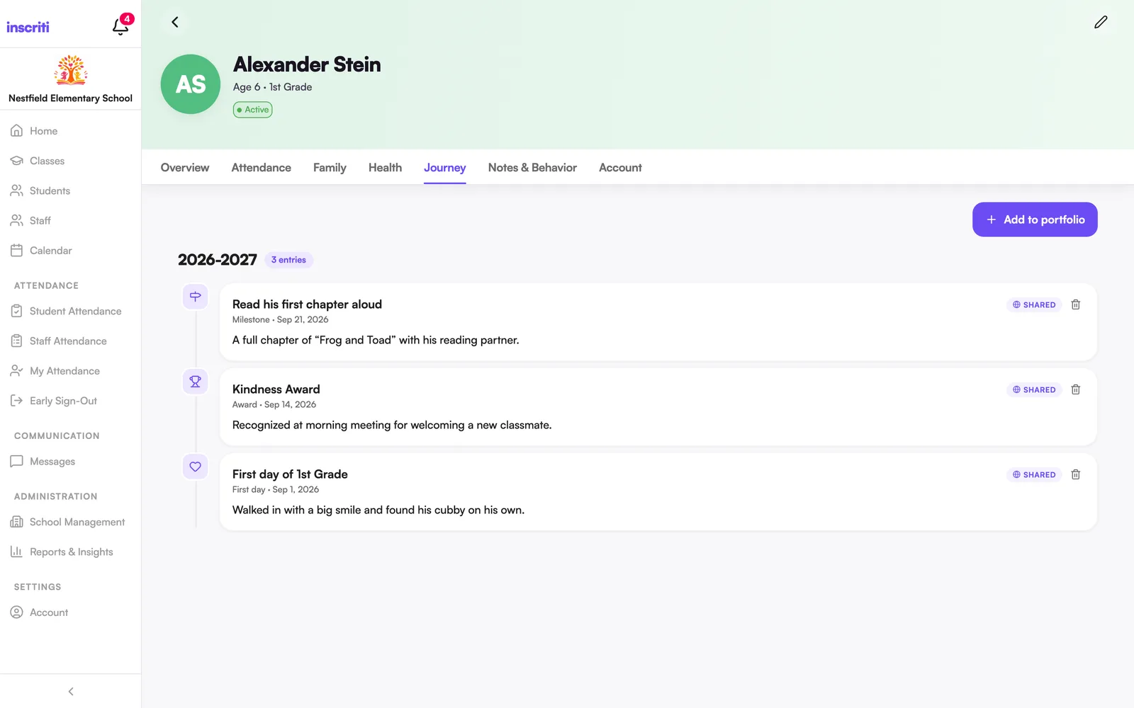 A student's Journey, with entries shared with parents marked Shared