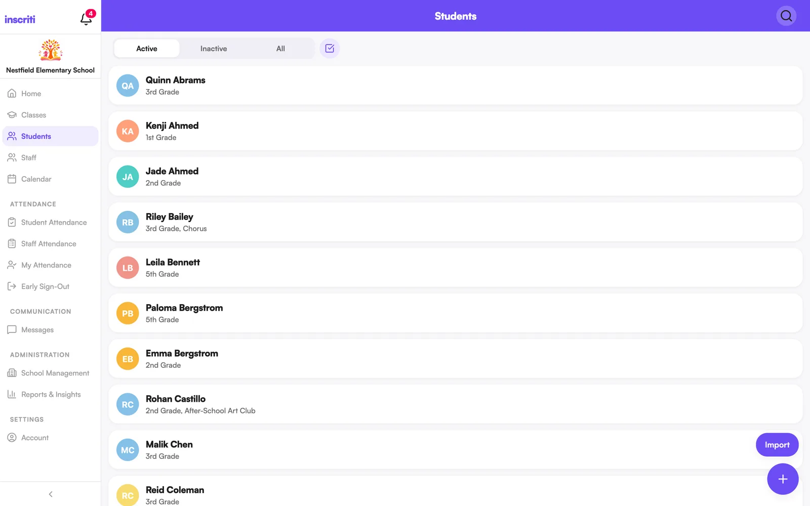 The Students list, with the Active, Inactive and All filter