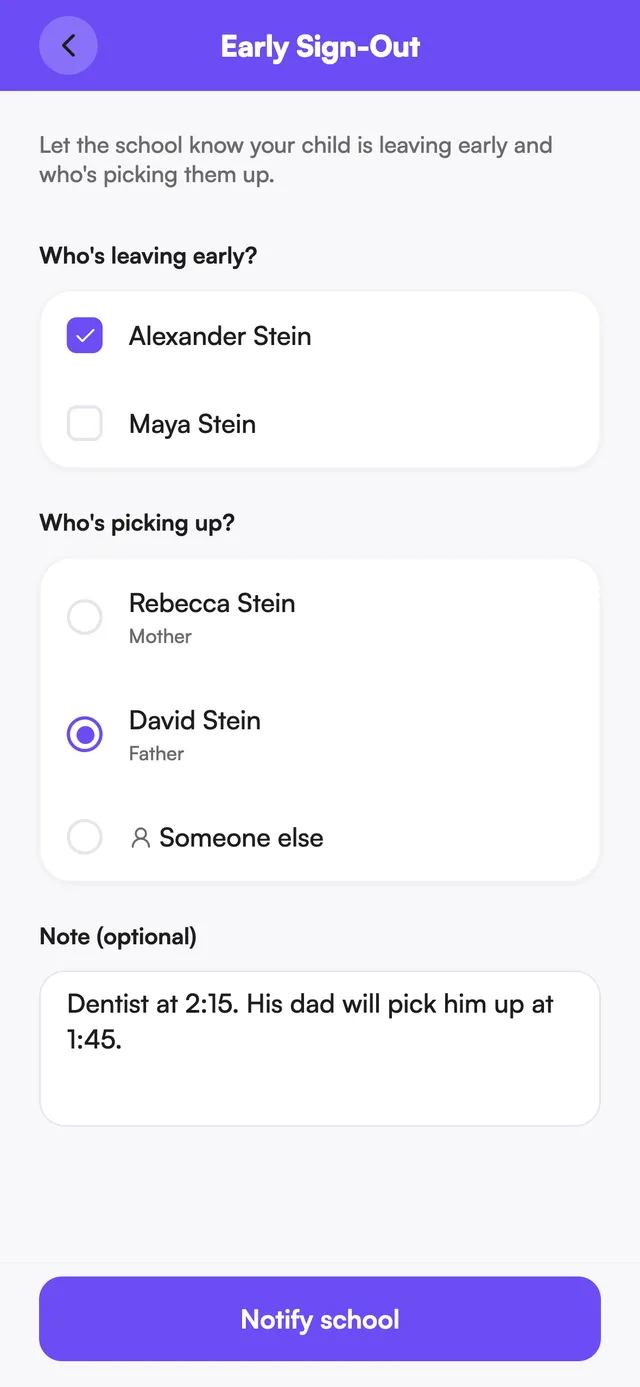 Requesting an early pickup: choose the child, who is picking up, and add a note