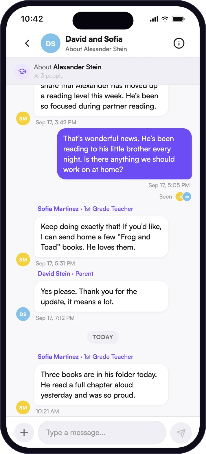 A parent and a teacher messaging about a student in Inscriti on a phone