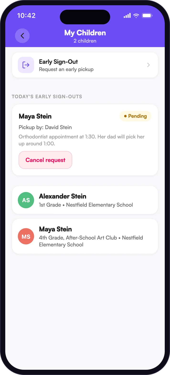 My Children in Inscriti on a phone, with each child's classes and an early pickup request