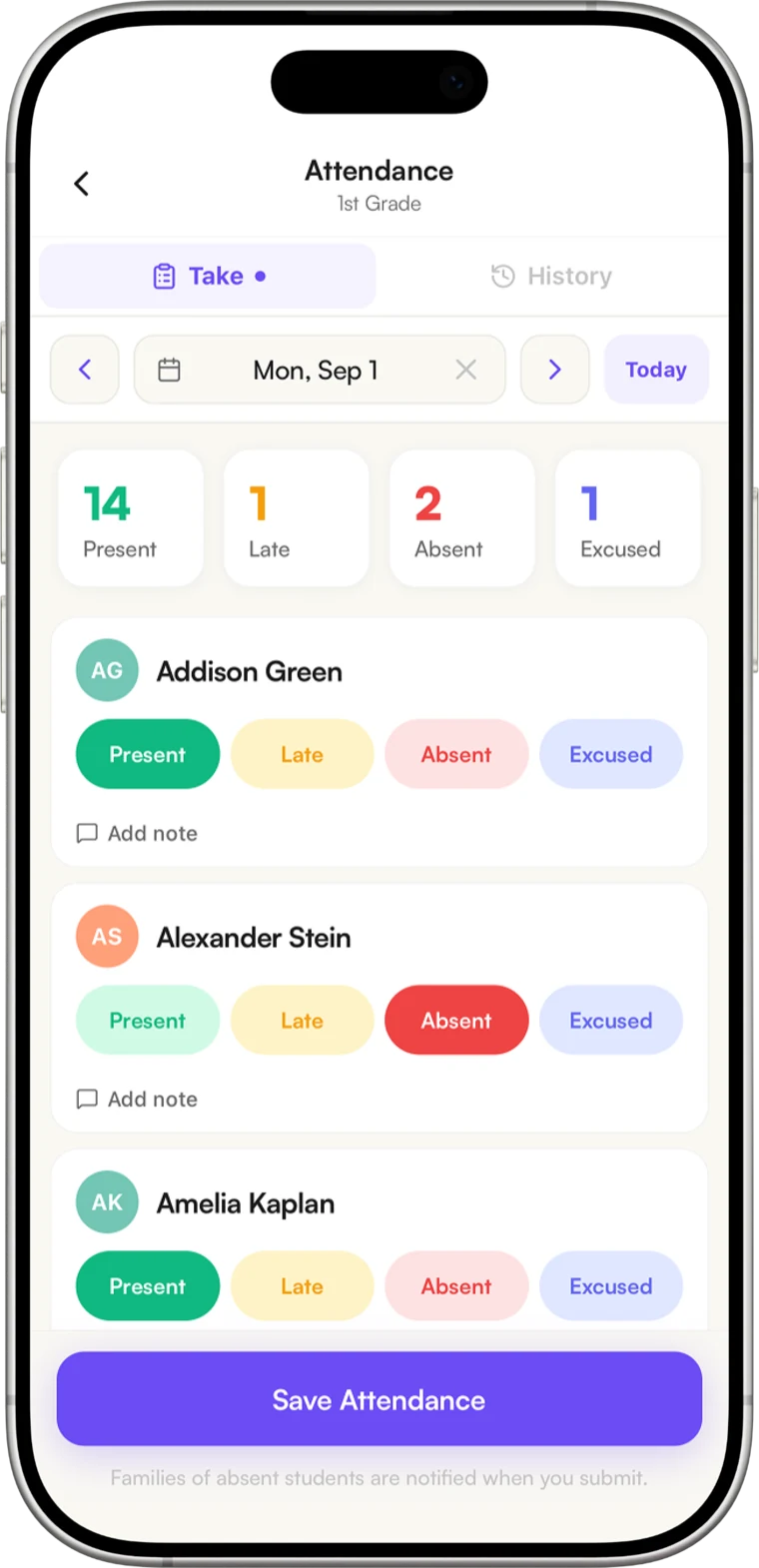 A teacher taking attendance in the Inscriti mobile app