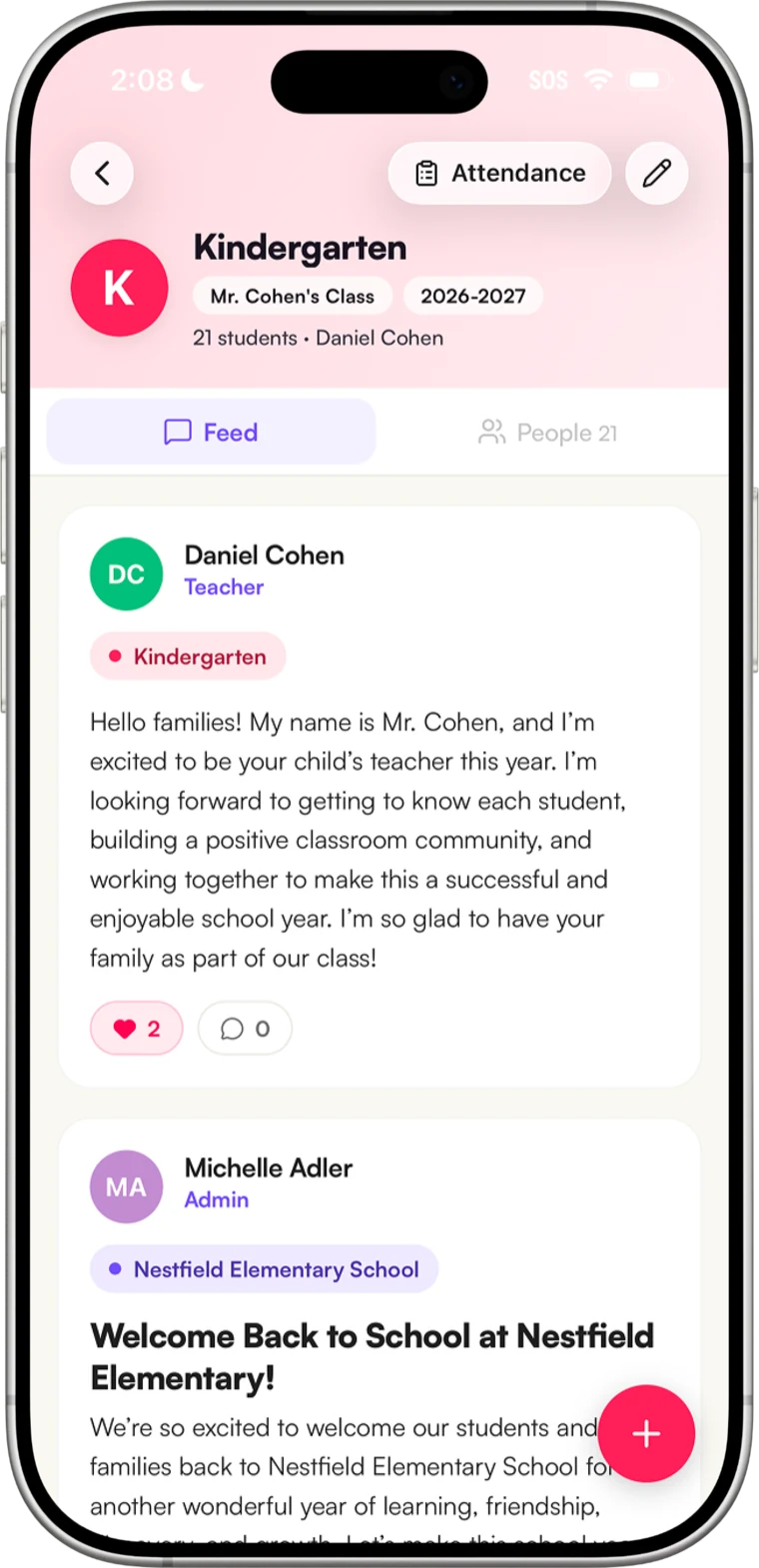 A class feed in the Inscriti mobile app
