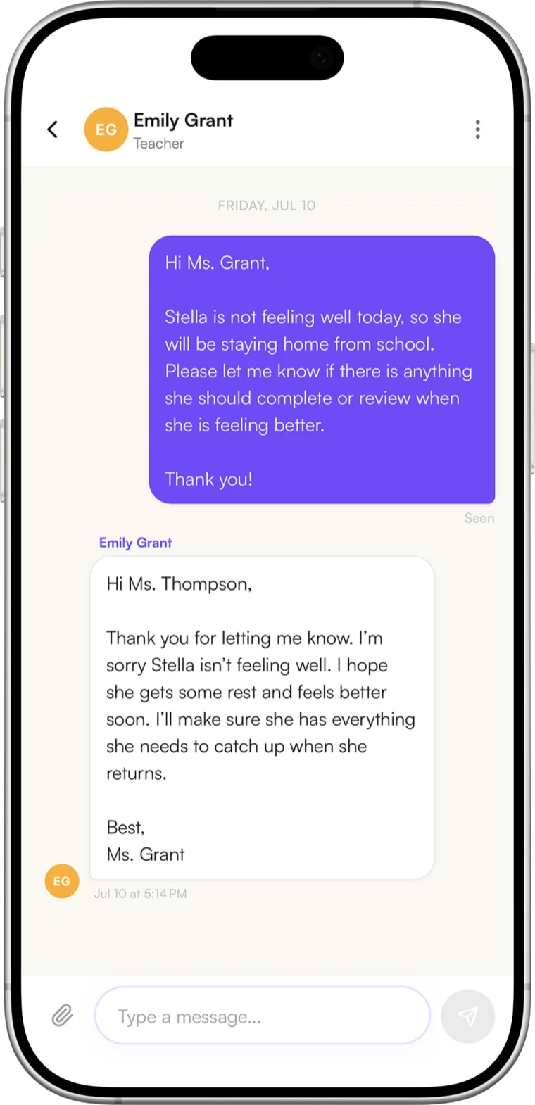 A parent and teacher messaging privately in the Inscriti mobile app